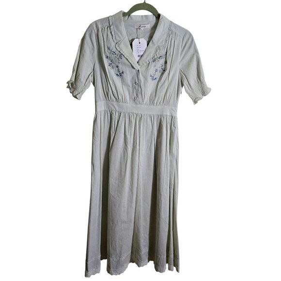 Simply Retro NWT Embroidered Lace Ruched Midi Dress Puff Short Sleeve Size M - Picture 2 of 15